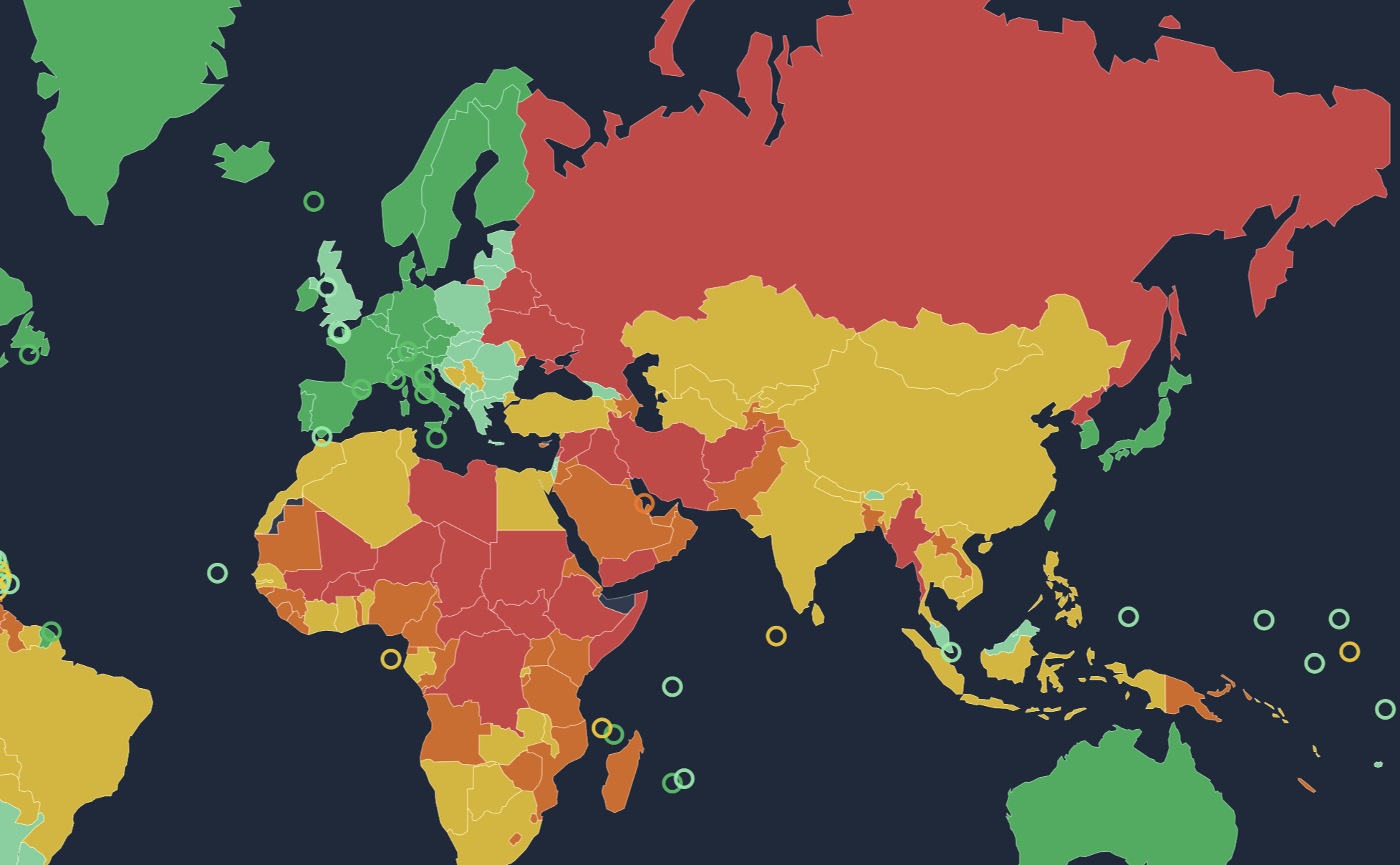 Vardekort world map showing country-by-country travel advice in color-coded categories.
